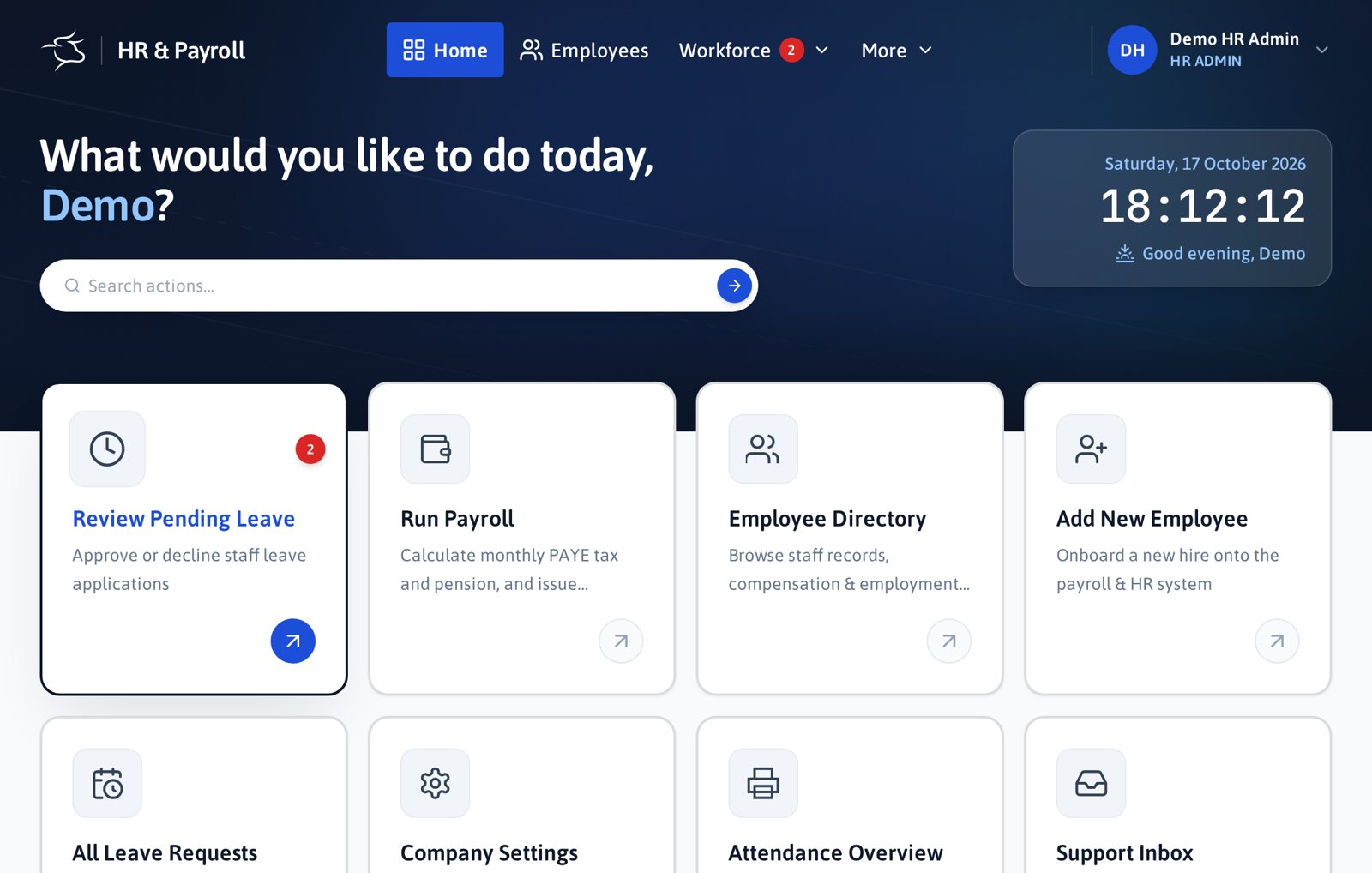 HR & Payroll home screen